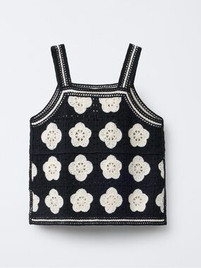 Zara Black Crochet Tank Top with Cream Floral Appliqués